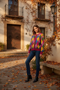 woman wearing Colorful argyle patterned sweater