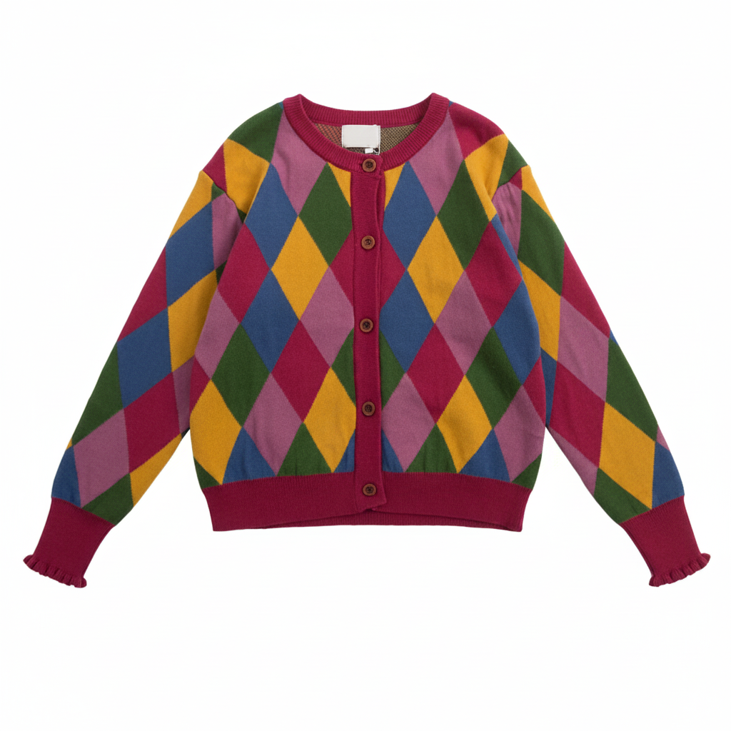 Colorful argyle patterned sweater on a white background