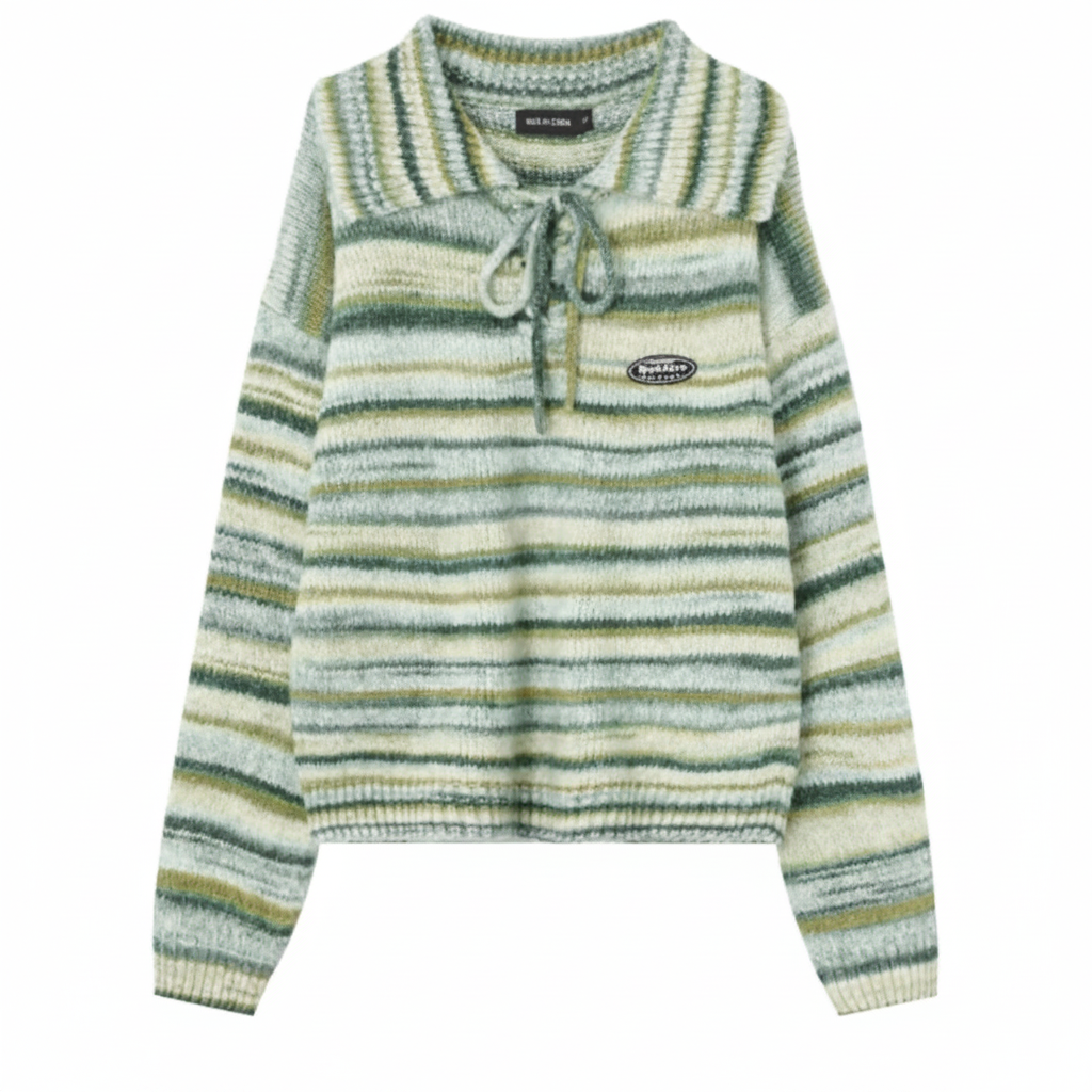Striped sweater with a brand logo on a white background