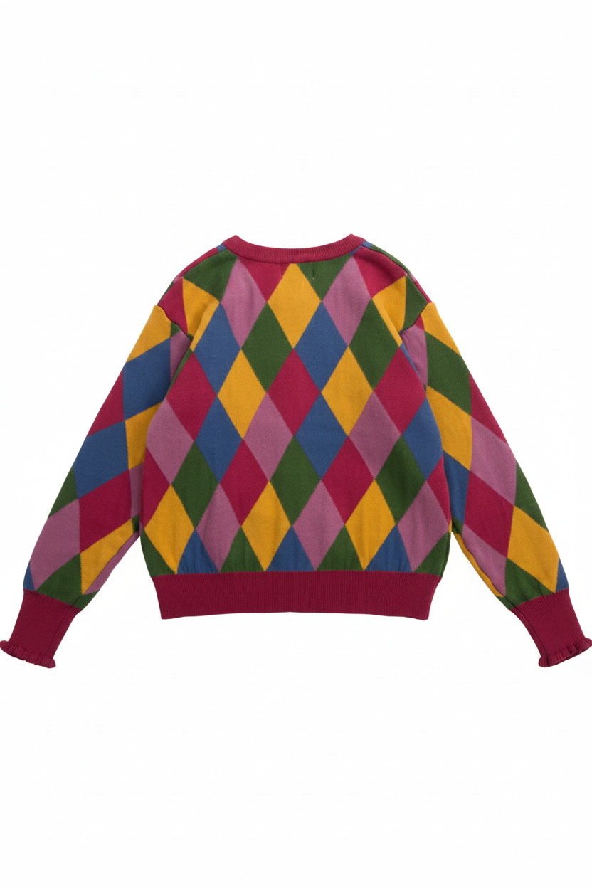 Colorful diamond pattern sweater on a white background