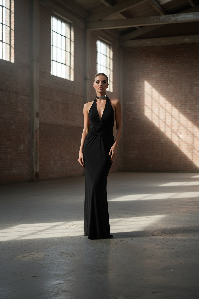 woman in Black halter neck dress against a empty warehouse background
