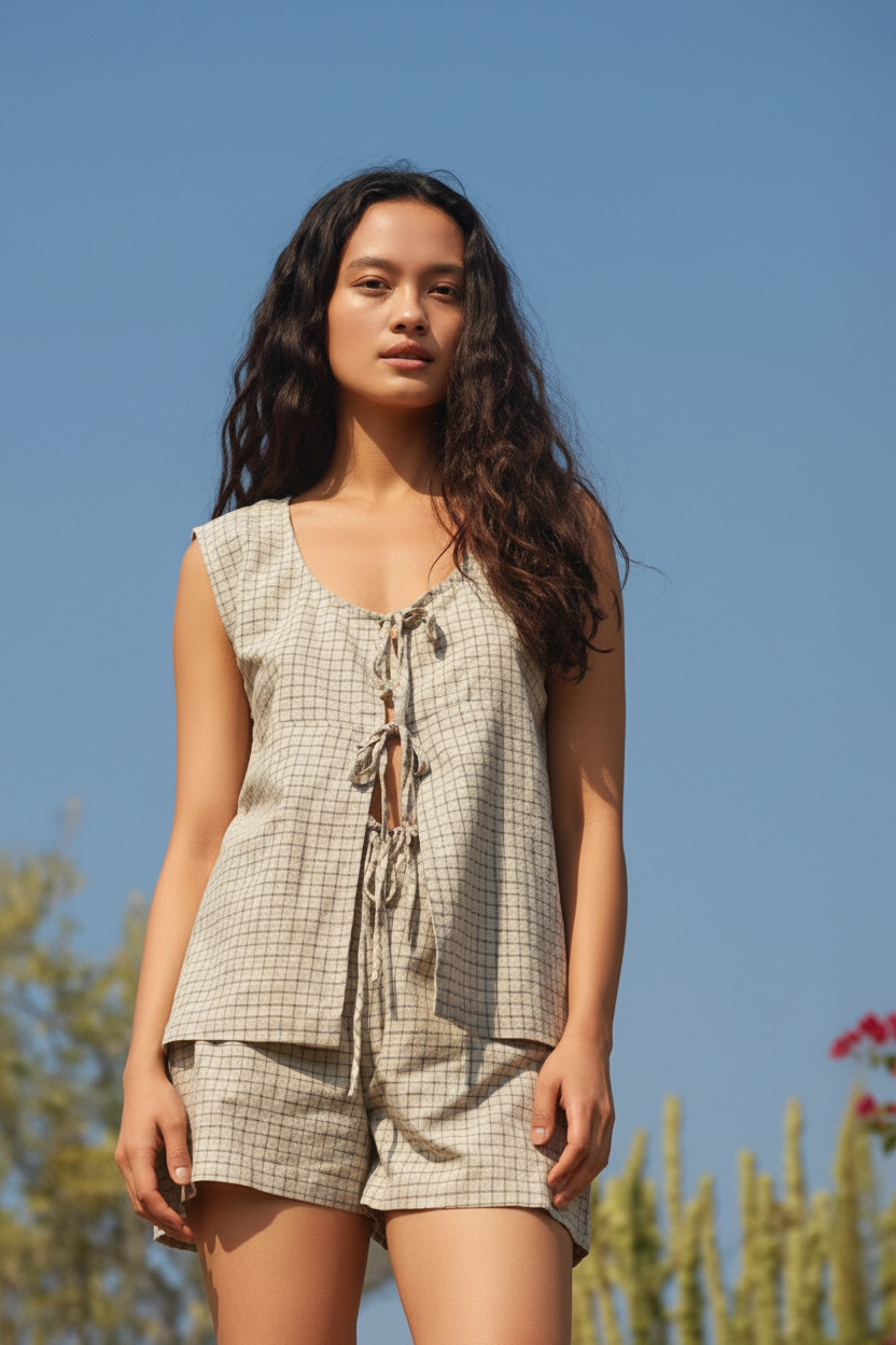 Woman wearing a checkered outfit against a blue sky