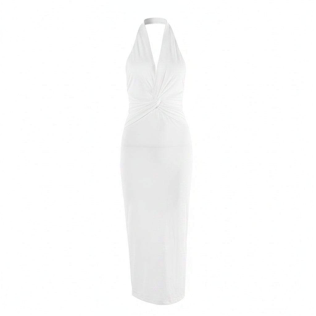 White sleeveless dress on a mannequin against a white background