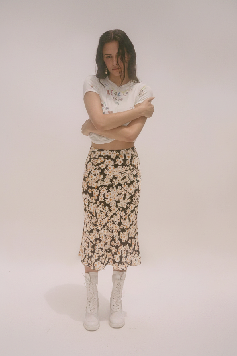 A woman stands against a plain light background wearing a white cropped T-shirt with a floral print, a black midi skirt with a beige floral pattern, and white lace-up boots.