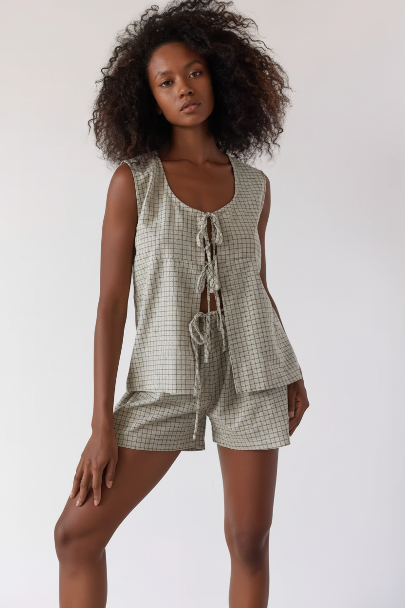 Woman wearing a checkered sleeveless top and shorts set on a white background