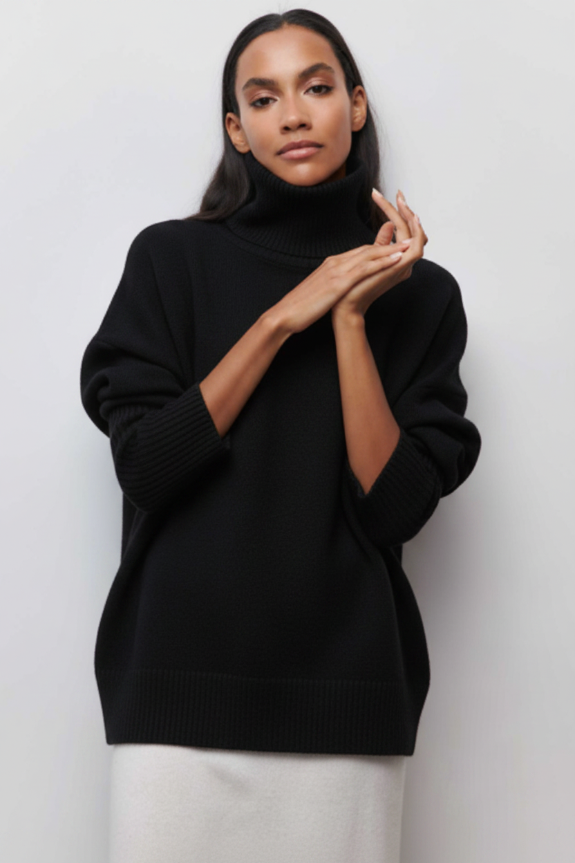Woman wearing a black turtleneck sweater against a plain background