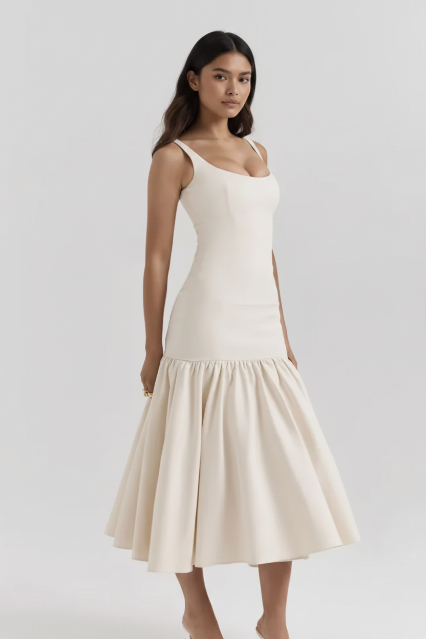 Beige dress with a slit on a white background