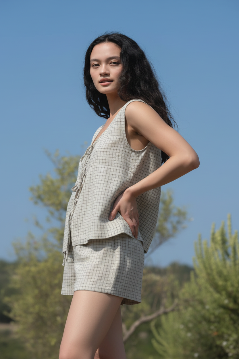Woman wearing a sleeveless top and shorts against a clear blue sky