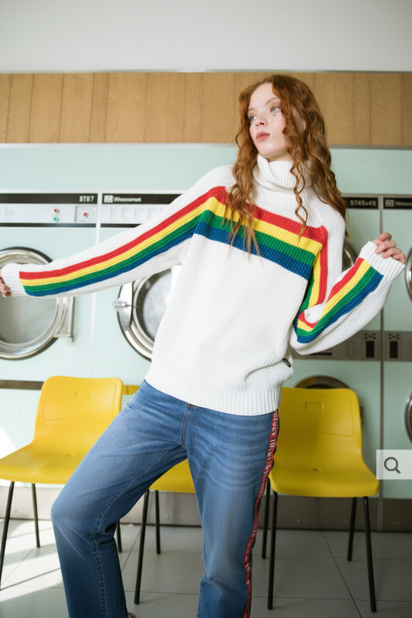Person wearing a white sweater with rainbow stripes in a laundry room.