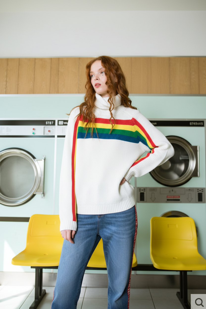Person wearing a white sweater with rainbow stripes in a laundry room.