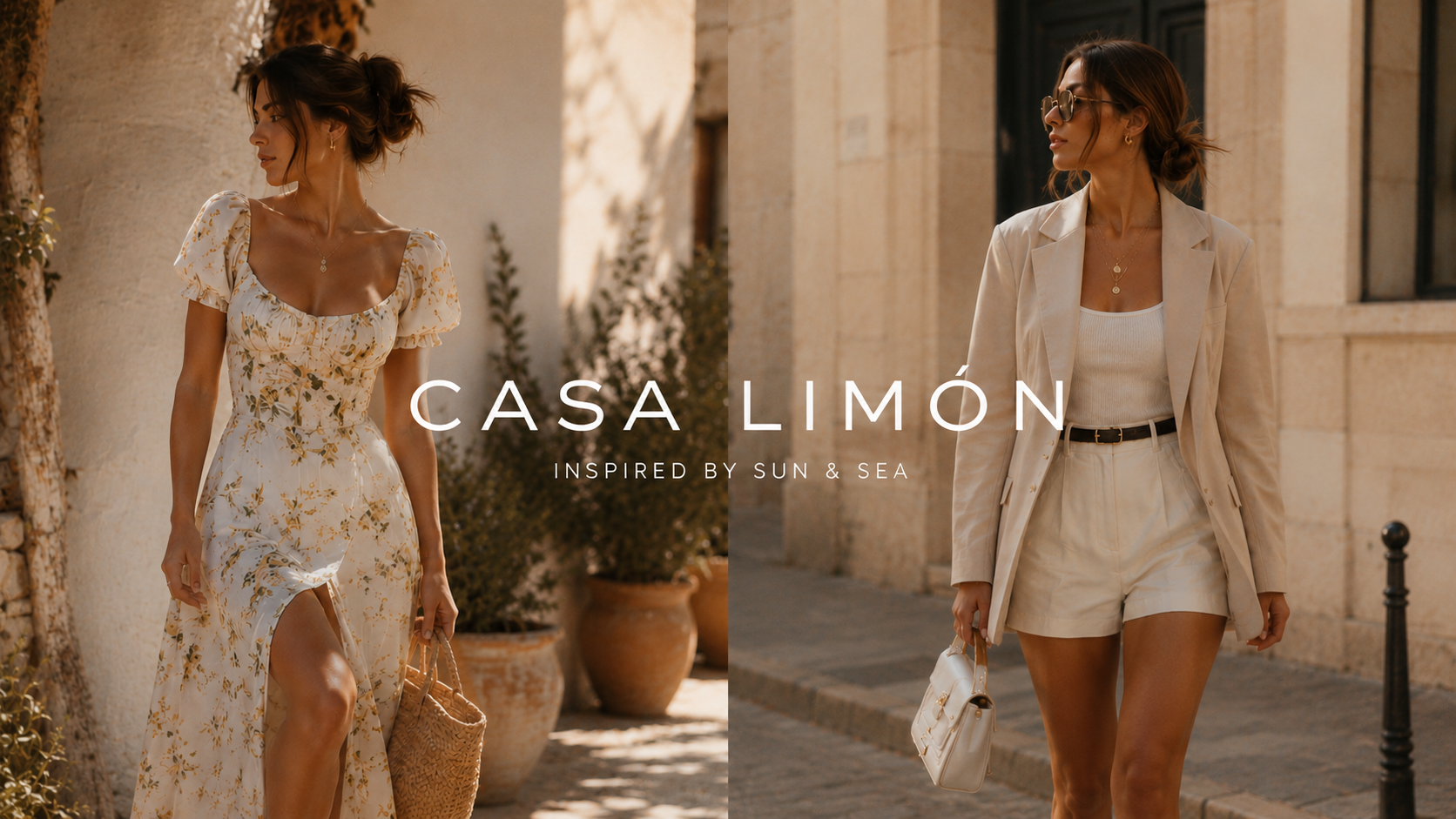 Two women in stylish outfits with 'Casa Limón' branding, featuring sun and sea inspiration.