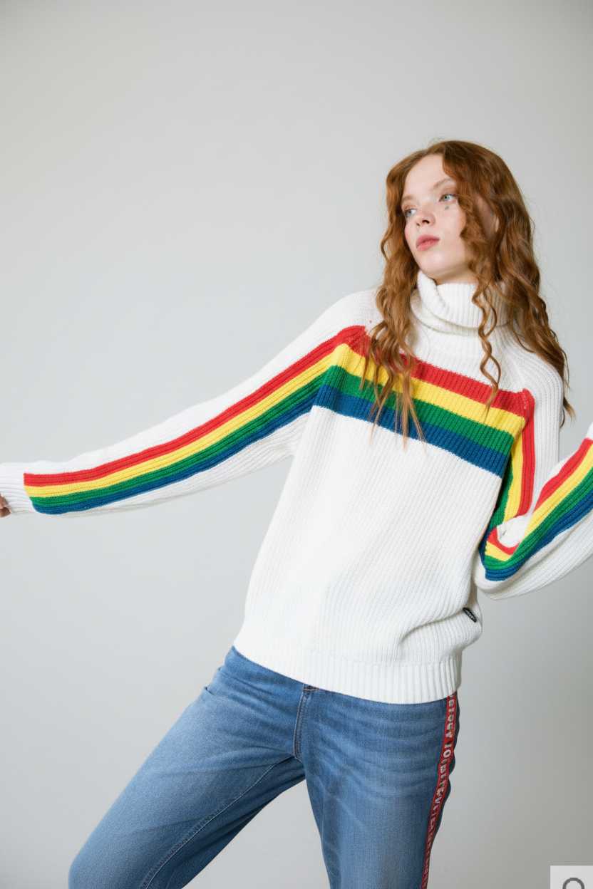 Person wearing a white sweater with rainbow stripes in a laundry room.